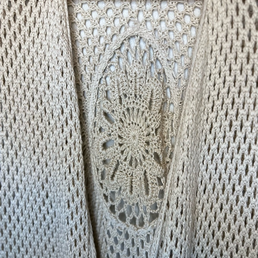Women's Beige Crochet Long Vest, Kimono, Poncho - Picture 3 of 6